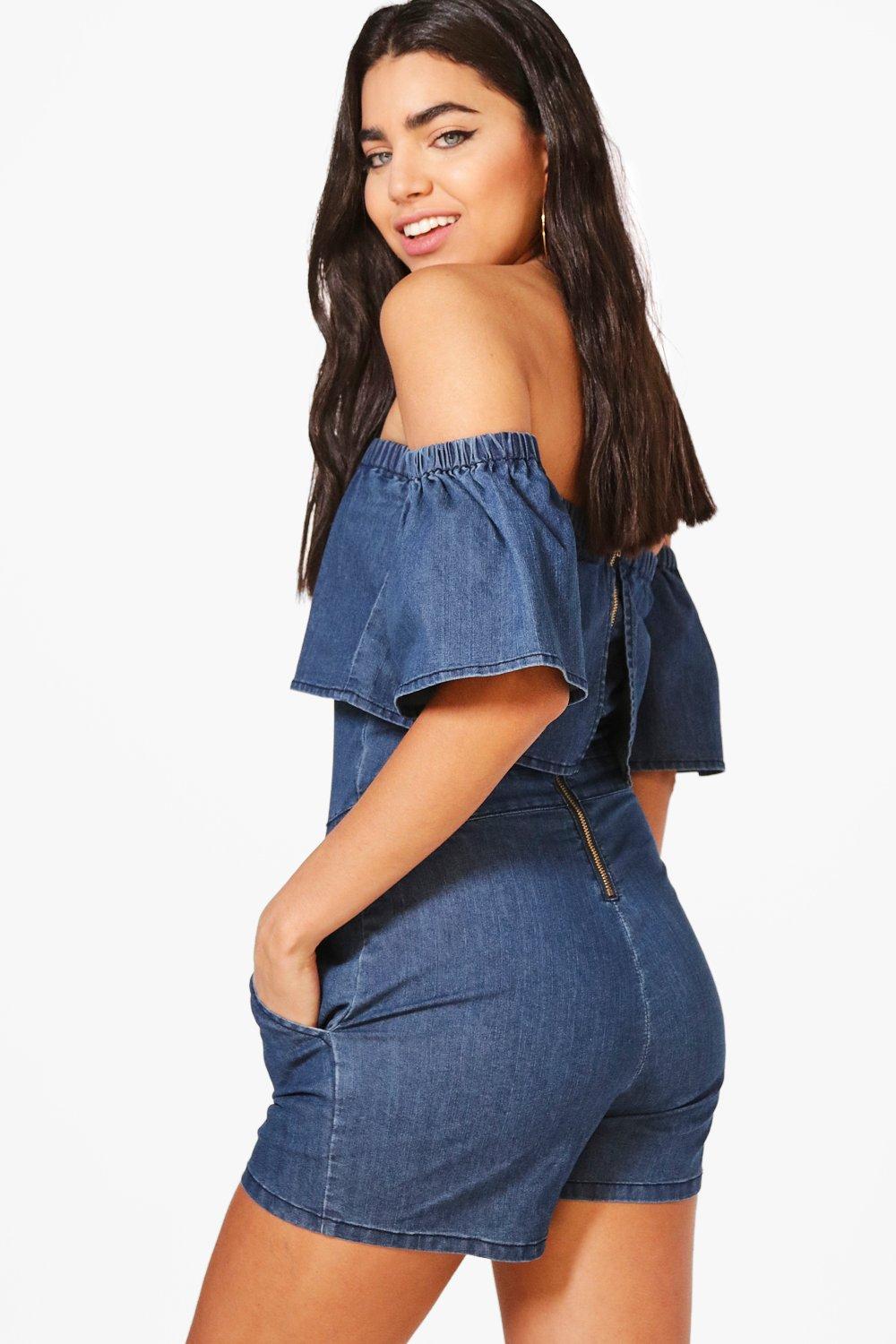 Off the shoulder denim romper online